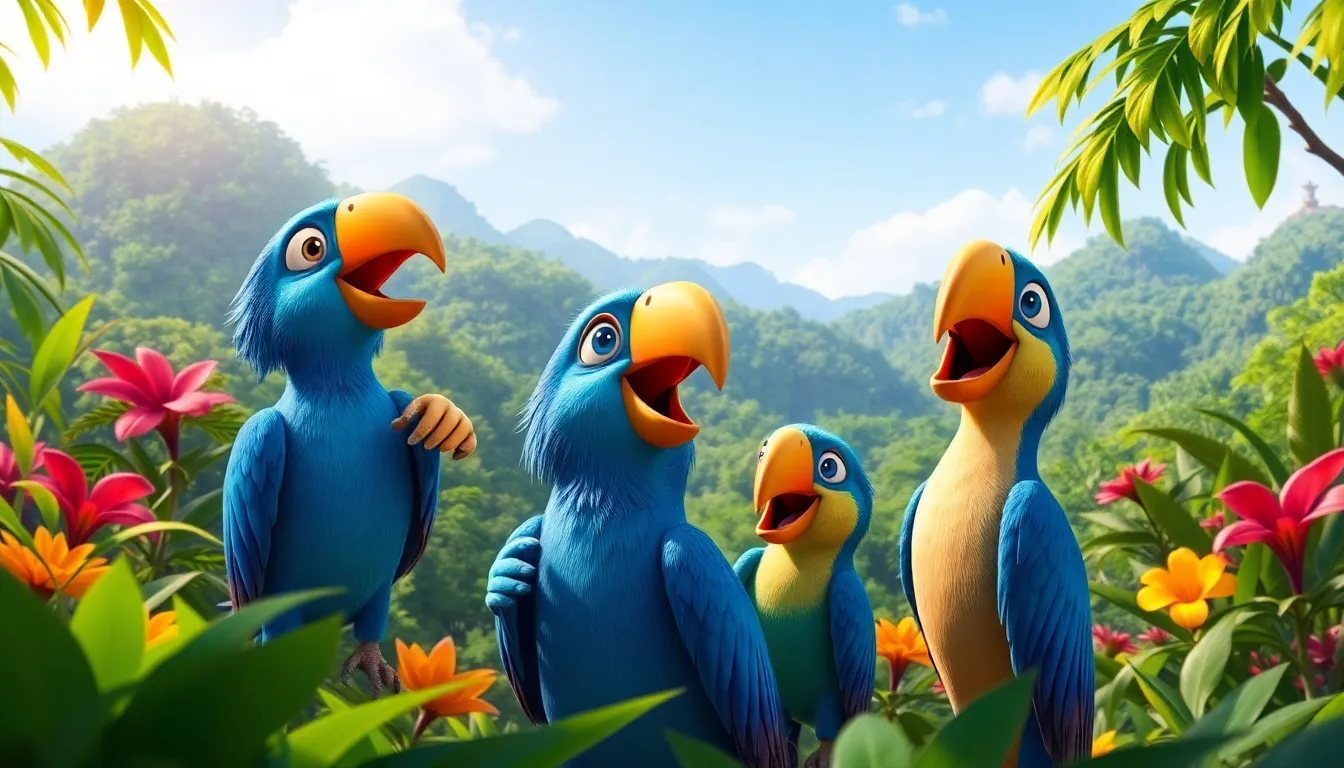animated blue macaws in a colorful Amazon rainforest scene.