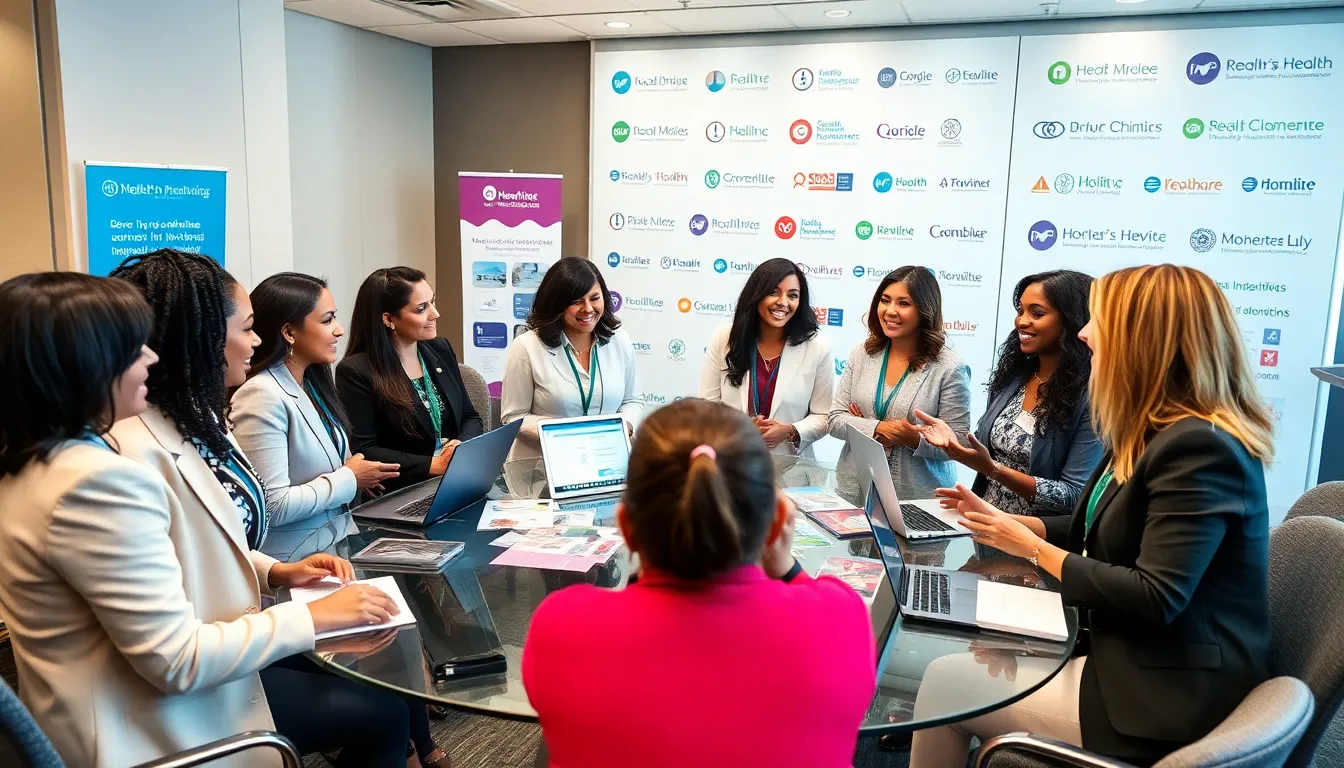 diverse group of women collaborating on health partnerships in a modern setting.