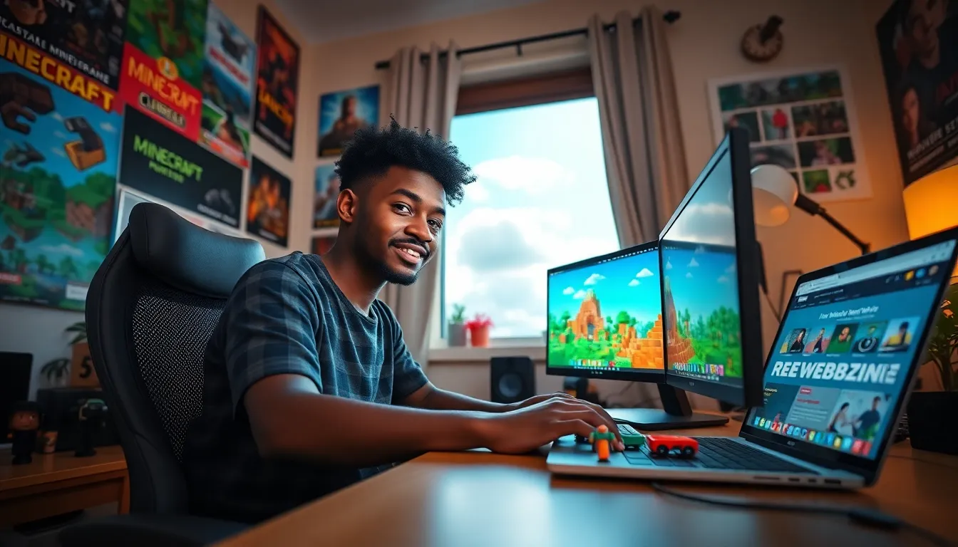a young man gaming in a vibrant room filled with Minecraft collectibles.