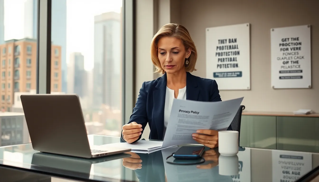 A woman reviewing a privacy policy in a modern office.